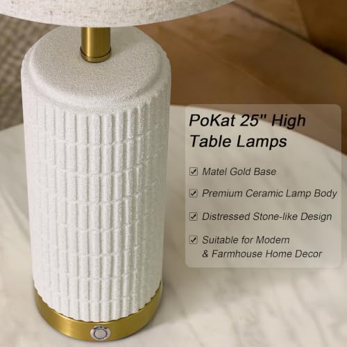 PoKat Stone-Like Ceramic Table Lamps with USB Ports for Bedroom, 25'' Matte-White Dimmable Nightstand Touch Lamps for Night Stands with Gold Base, Farmhouse Lamps for Living Room End Side Table - Image 2
