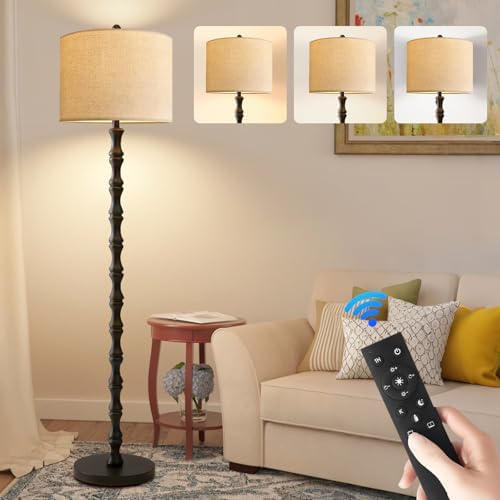 Wood Floor Lamps for Living Room Rattan Floor Lamp with Remote Control& 3 Color Temperature,Dimmable Rustic Floor Lamp Black Mid Century Modern Standing Lamp Tall Farmhouse Floor Lamp For Bedroom by ZECOXOL
