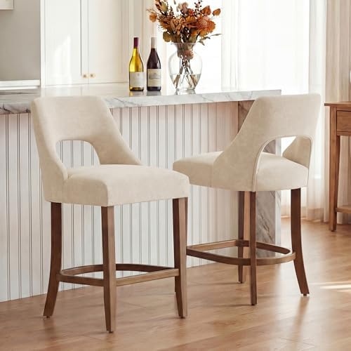 UVV Bar Stools Set of 3, Upholstered Counter Height Bar Stools, Modern Counter Stools with Wood Legs for Kitchen Island Dining Room Bar, Beige - Image 4