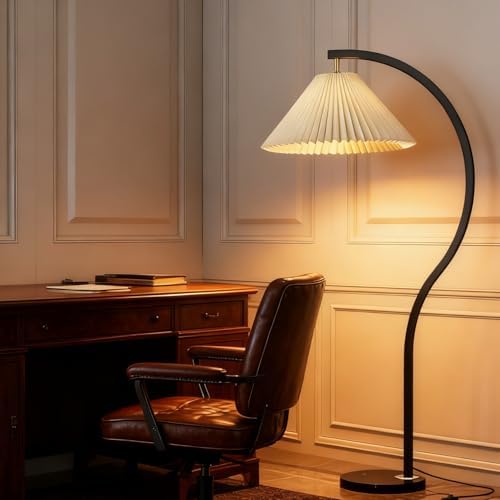 MIXL-Modern Black Arc Floor Lamp,1-Lights Curved Standing Lamp with Rotatable Pleated Fabric Shade,3-Colors Dimmable Bedroom Floor Lights, Indoor Arched Standing Light for Living Room Corner Office by MIXL
