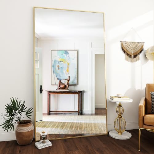 VooBang Oversized Full Length Mirror, 76" x 34" Floor Mirror with Stand, Aluminum Alloy Frame Full Body Mirror, Standing Hanging or Leaning Against Wall Bedroom Living Room, Gold - Image 6