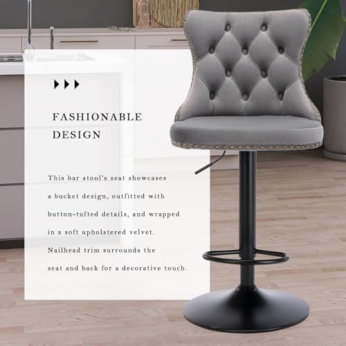SoarFlash Velvet Bar Stool Set of 6, Adjustable Swivel Bar Stools with Black Metal Leg, Button Tufted, Footrest, Chrome Nailhead, Counter Height Chair for Kitchen, Bar, Dining Room (Grey) - Image 5