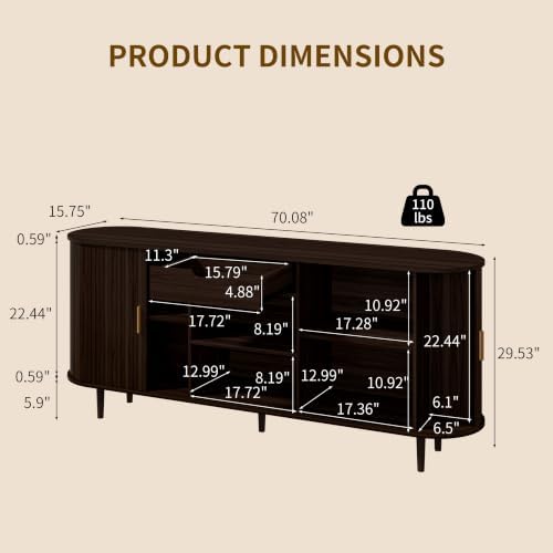 71" Sideboard Buffet Cabinet with Storage,Large Credenza with Sliding Doors and 1 Drawer,Mid Century Modern Coffee Bar Cabinet with Adjustable Shelves for Dining Room,Kitchen,Living Room (Dark Walnut) - Image 2