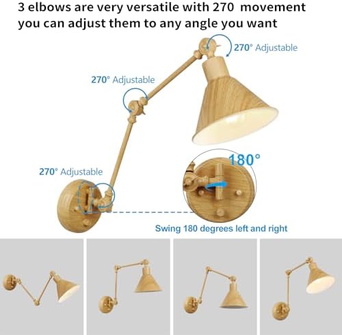 TRLIFE Wall Sconces Plug in, Dimmable Wall Sconces Set of 2 Swing Arm Wall Lights Plug in Wall Mounted Light Industrial Wall Lights with 6FT Plug in Cord, E26 Base, UL Listed(Oak Color) - Image 4