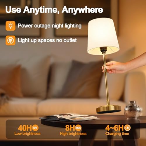 Cordless Table Lamps Set of 2 – Battery Operated Lamp with 7500mAh Rechargeable Battery, Stepless Dimmable Vintage Brushed Gold Desk Wireless Lamps for Dining Room, Nightstand & Patio (Bulbs Included) - Image 5