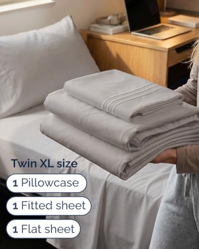 Twin XL 3 Piece Sheet Set - College Dorm Room Essentials - Light Grey - Image 3