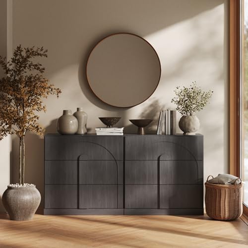 BELLEZE Sideboard Cabinet with 3 Drawers, Set of 2 Modern Wood Buffet Cabinet with Arc Design, Large Fluted Sideboard with Storage for Kitchen Living Room Entryway, Ebony by BELLEZE