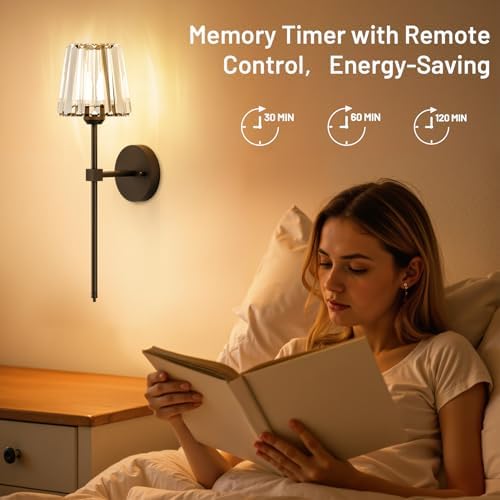 Crystal Battery Operated Wall Sconces Set of 2, Black Rechargeable Wireless Wall Sconce Lights with Crystal Lampshade, 12 RGB and 3CCT Dimmable Wall Lamps with Remote for Bedroom Living Room Hallway - Image 4