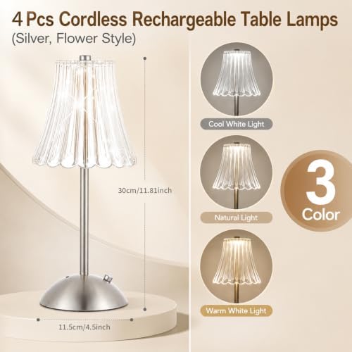 4 Pcs Cordless Table Lamp Rechargeable Touch Lamp Silver Flower - Image 2