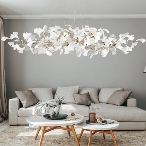 59 Inch Modern Rectangle Chandelier Ceramic Ginkgo Leaf Chandeliers Large Brass Chandeliers White Chandelier for Dining Room Living Room,10-Light by GREMLBUK