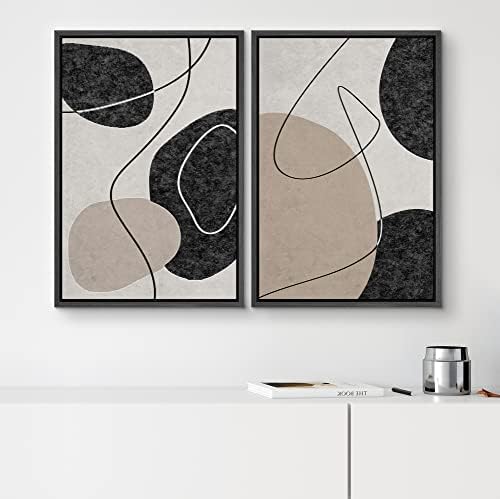 SIGNWIN Framed Canvas Print Wall Art Set Mid-Century Black Tan Circle Rings Abstract Shapes Illustrations Modern Art Decorative Contemporary for Living Room, Bedroom, Office - 24"" x36 x2 Black - Image 2