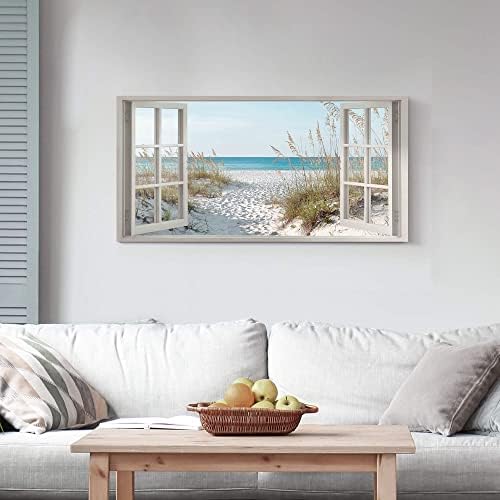 Window Beach Wall Art Prints: Modern Large Tropical Coastal Landscape Canvas Bedroom Blue Ocean Picture Relaxing Living Room Sea Scene Painting Horizontal Summer Seascape Artwork Decor - Image 4