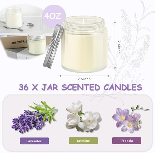ACITHGL 36 Pcs 4oz Mini Mason Jar Candles Small Scented Candles Bulk Aromatherapy Ideal Souvenir Favors for Wedding Birthday Party (Freesia, Lavender, Jasmine, Silver) - Image 2