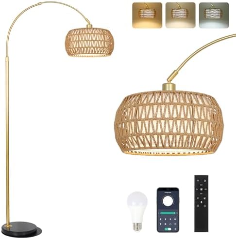 Gold Floor Lamps for Living Room, Arc Floor Lamp with Remote & Dimmable Bulb, Boho Rattan Standing lamp with 3 Color Temperatures, Height Adjustable Tall Lamp for Bedroom, Over Couch Reading Lamp by EYASSI