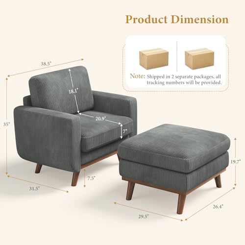 Vesgantti 38.5" Accent Chair with Movable Ottoman, Comfy Corduroy Armchair with Spring Cushion, Reading Chair with Ottoman, Modern Single Sofa for Living Room, Bedroom and Apartment, Dark Gray - Image 2