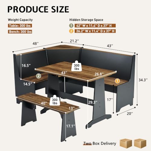 LUXOAK 3-Piece Corner Dining Set with Hidden Storage, Black Oak - Image 2