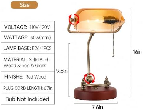 Bankers Lamp Traditional Orange Desk Lamp Solid Wood Pull Chain Switch - Image 3