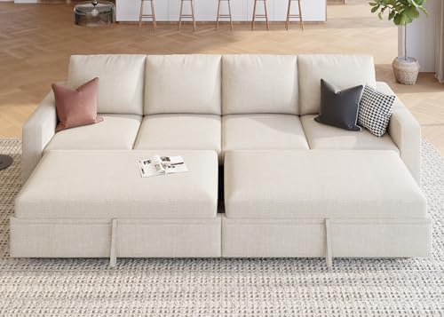 HONBAY Modular Sectional Sleeper Sofa Bed, with Pull Out Bed, Linen Convertible Sectional Couches for Living Room - Beige - Image 5
