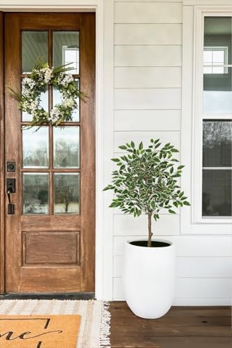 3Ft Ficus Tree Artificial Plants Indoor with Realistic Trunk, Tall Fake Potted Tree Faux Floor Plant, Artificial Tree in Pot for Home Living Room Office Bedroom Corner Decor(Green White) - Image 5