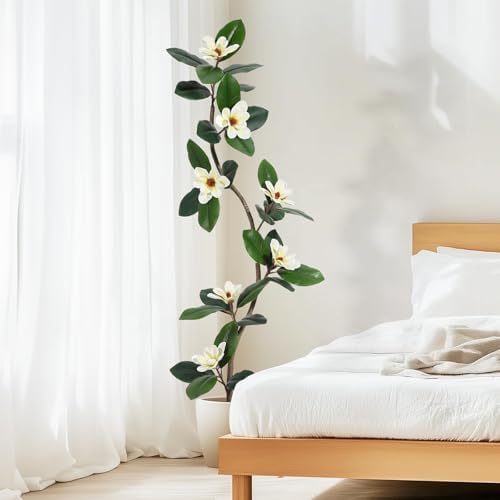 5FT Tall Lifelike Artificial Magnolia Tree with 7 Pcs Magnolia Flowers in White Planter Pot, Rubber Tree Faux Plants Indoor Artificial Plants & Flowers for Home Office Living Room Decor - Image 6