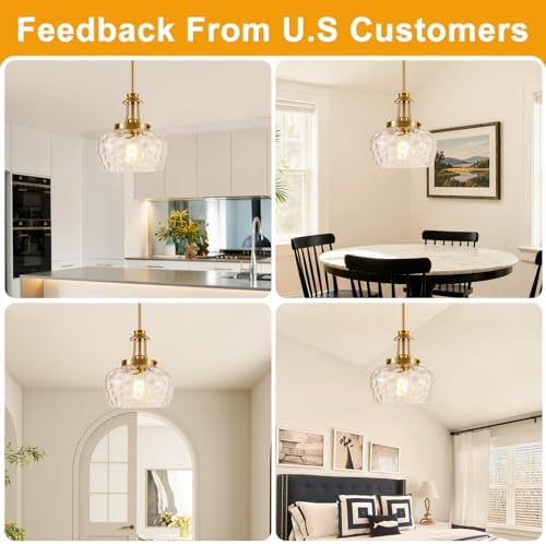 Modern Pendant Lights Kitchen Island, Brushed Gold Pendant Light Fixtures with 10" Clear Hammered Glass Shade, Industrial Hanging Pendant Lights Fixture for Kitchen Island Dining Room Bedroom Entryway - Image 4