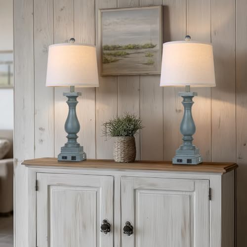 28" Tall Farmhouse Table Lamps Set of 2 with USB C+A Ports and AC Outlet, 3 Way Touch Control Rustic Bedside Lamp for Bedroom, Blue Vintage Nightstand Lamp for Living Room Office - Image 6