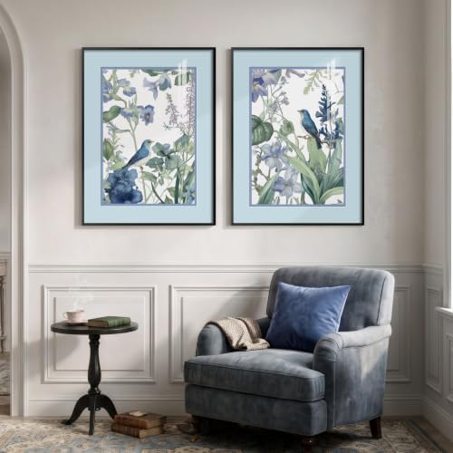 Framed Vintage Blue Floral Bird Botanical Wall Art for Living Room, 2 Piece - Image 3