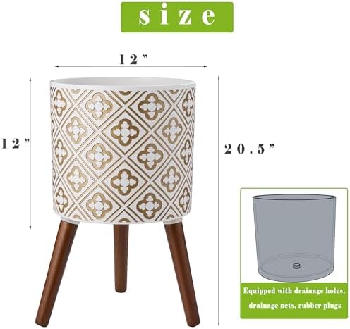 naclto 12 Inch Planter Pot with Stand,Plant Stand Plant Pot for Indoor Plants,Large Modern Flower Pots Indoor Outdoor with Drainage for Home Garden Patio, White and Gold - Image 2