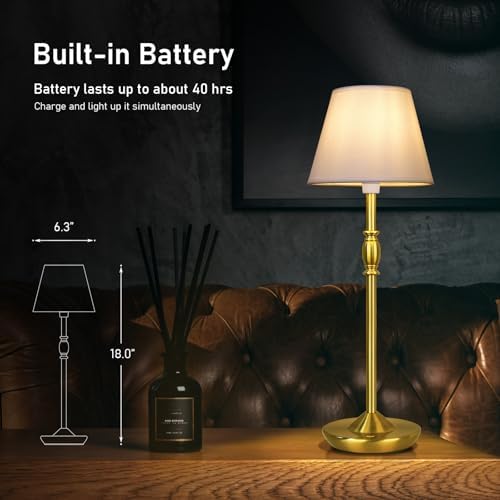 Cordless Table Lamp Portable Small LED Touch Lamp with Dimmer, 18" 2700K Rechargeable Battery Light for Bedside, Dining Room, Bedroom Lamp, Patio, Bar, Night Light, Bathroom (Antique Brass) - Image 3