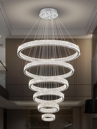 Extra Large 6 Ring Crystal Chandelier Modern LED Long Crystal Chandelier for High Ceiling Height Adjustable D8+15.7"+23.6"+31.5"+39.4"+47.5" Dimmable 2700K-6000K - Image 6