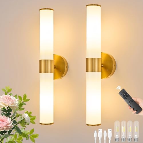 Gold Battery Operated Wall Sconces Set of 2 with White Glass Lamp Shade by Morauroral