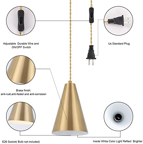 Gold Plug In Pendant Light,Hanging Lights With Plug In Cord On/Off Switch, Mini Brass Pendant Lights for Kitchen Island,Modern Chandeliers Light Fixture with Metal Shade,Hanging Lamps for Bedroom - Image 5