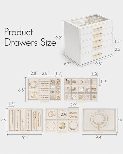 VLANDO 5 Layer Jewelry Box for Women, Glass Lid Jewelry Organizer with 5 Drawers for Necklaces Rings Earrings Bracelets - White - Image 3