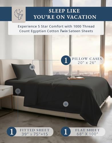 LANE LINEN Twin Bed Sheet Set 100% Egyptian Cotton Sateen - Black - Image 2