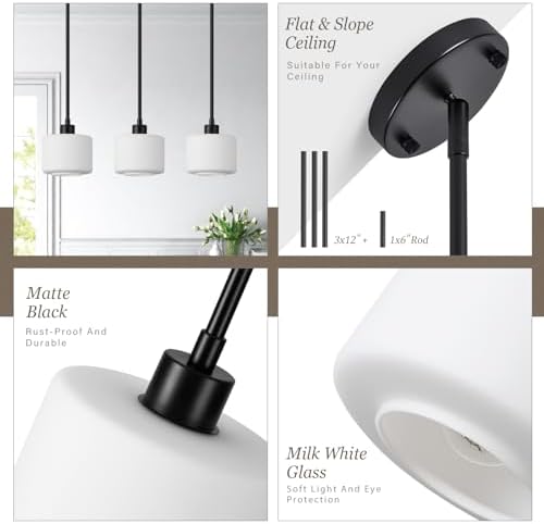 Black Pendant Lights Kitchen Island 2 Pack, Modern Milk Glass Hanging Light Fixtures with Rods, Mini Kitchen Pendant Lighting Over Island for Sink Bathroom, OS-YQ8153-2PBK - Image 2