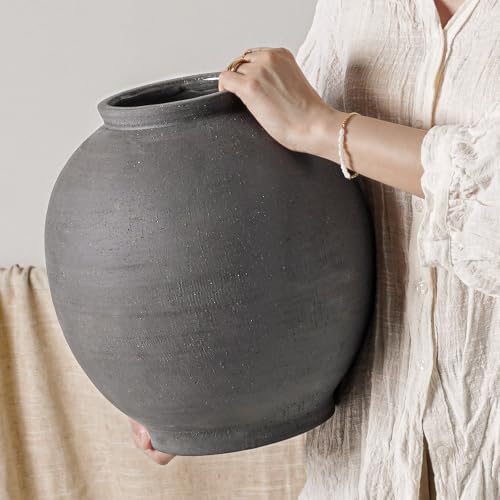 Black Ceramic Vase - Large 12.5 Inch Round Floor Vase for Centerpieces, Farmhouse Flower Vases, Rustic Minimalist Home Decor,Sandstone Dark Grey by LETAUCIGARDEN