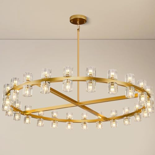 Modern 48 inch Gold Round Chandeliers Light Fixture, Crystal Chandeliers for Dining Room, Living Room Chandelier, Wagon Wheel Chandelier Over Table, Suitable for Bedroom,Foyer,Includes Bulbs by Knurldon