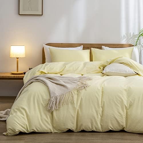 BESTOUCH Cotton Solid Duvet Cover Set Linen Feel Light Yellow Twin by BESTOUCH