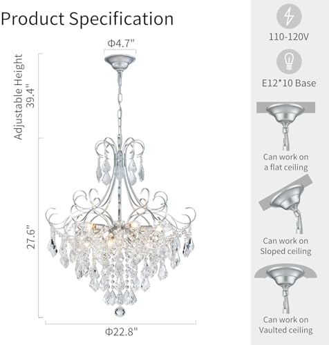 WUZUPS Crystal Chandelier 10-Light Pendant Ceiling Light Modern Lighting Fixture for Dining Room Hallway Bedroom Kitchen Bathroom, H 27.6" x W 22.8", E12 Base, Silver - Image 2