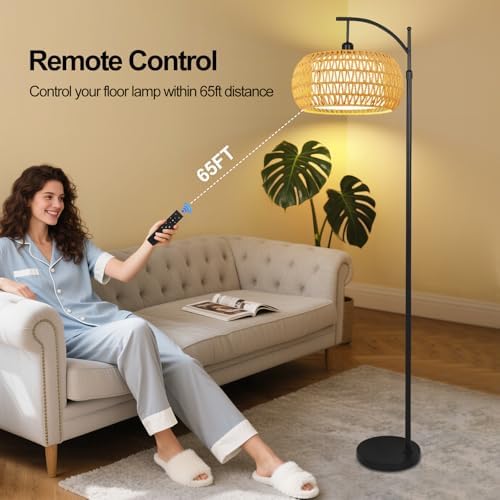 Arc Floor Lamps for Living Room Rattan Boho Floor Lamp with Remote Control,Dimmable LED Floor Lamp Wicker Lamp Shades Black Standing Lamp with 3 Color Temperature Tall Floor Lamps For Bedroom Corner - Image 6