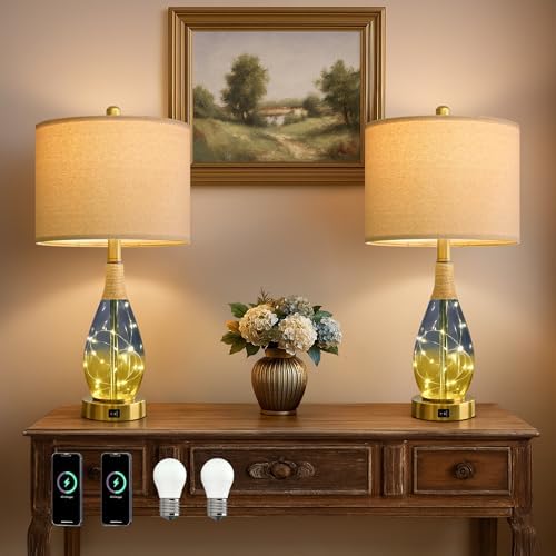 OYEARS 23" Table Lamps for Living Room Set of 2,Bedside Lamps for Night Stands, Rattan Lamps for Bedroom,Farmhouse Lamps with Glass Nightlight,Two Light Points by OYEARS