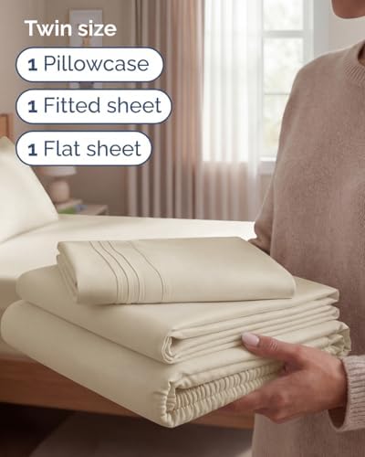 Twin Size 3 Piece Sheet Set - Comfy Breathable & Cooling Sheets - Wheat - Image 3