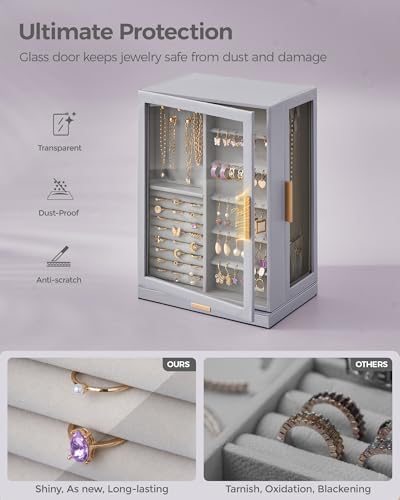 Glimmloop 360° Rotating Jewelry Box with 7 Drawers, Spacious Vertical Jewelry Organizer with Glass Window, Jewelry Storage Case, Dustproof & Moisture-resistant Design, Grey - Image 3