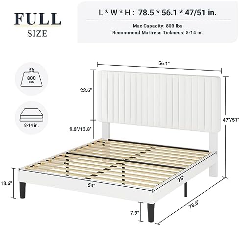 Allewie Full Bed Frame, Velvet Upholstered Platform Bed with Adjustable Vertical Channel Tufted Headboard, Mattress Foundation with Strong Wooden Slats, Box Spring Optional, Easy Assembly, Off-White - Image 2