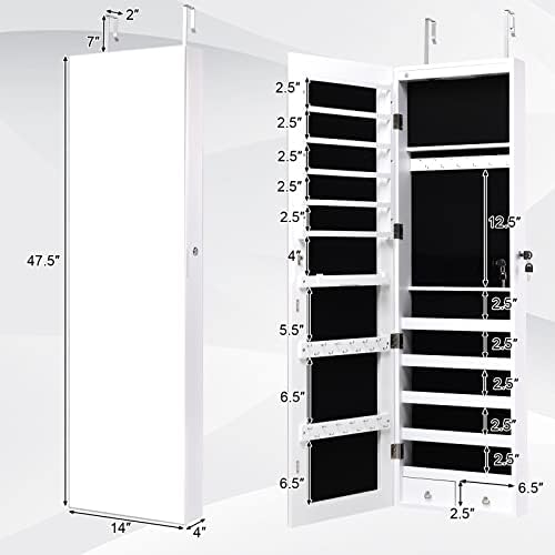 NAFORT 2 LEDs Mirror Jewelry Armoire, 47.5" H Door or Wall Mounted Jewelry Cabinet with Frameless Mirror, Lockable Jewelry Storage Box, Hanging Jewelry Organizer with 2 Drawers, White - Image 3