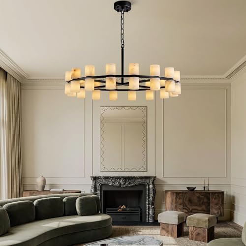 Alabaster Round Chandelier, Natural Spanish Stone Texture Chandeliers, D31in Round Chandeliers for Dining Room Chandelier Light Fixture for Kitchen Living Room Foyer Entryway Hallway (Black) - Image 6