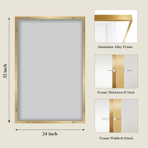 Koonmi Gold Rectangle Wall Mirror, 24x32 Inch Bathroom Mirror, Aluminum Frame Vanity Mirror for Entryway, Living Room, Bedroom Bathroom, Hangs Horizontally or Vertically - Image 2