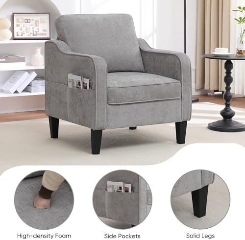 Accent Chairs Set of 2, Upholstered Living Room Chairs with Side Pockets, Mid Century Modern Reading Chair for Bedroom, Comfy Armchair Single Sofa Side Chair for Office, Small Room, Light Grey - Image 4