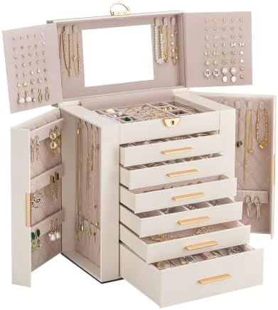 Lolalet Large Jewelry Box, 7-Layer Jewelry Organizer with 6 Drawers -Beige by Lolalet
