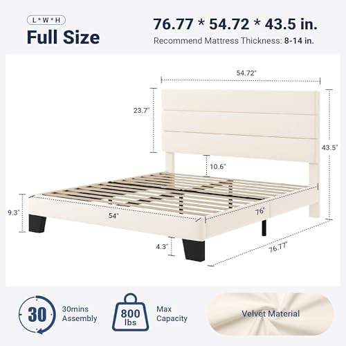 Allewie Full Size Platform Bed Frame with Velvet Upholstered Headboard and Wooden Slats Support, Fully Upholstered Mattress Foundation/No Box Spring Needed/Easy Assembly, Cream - Image 2